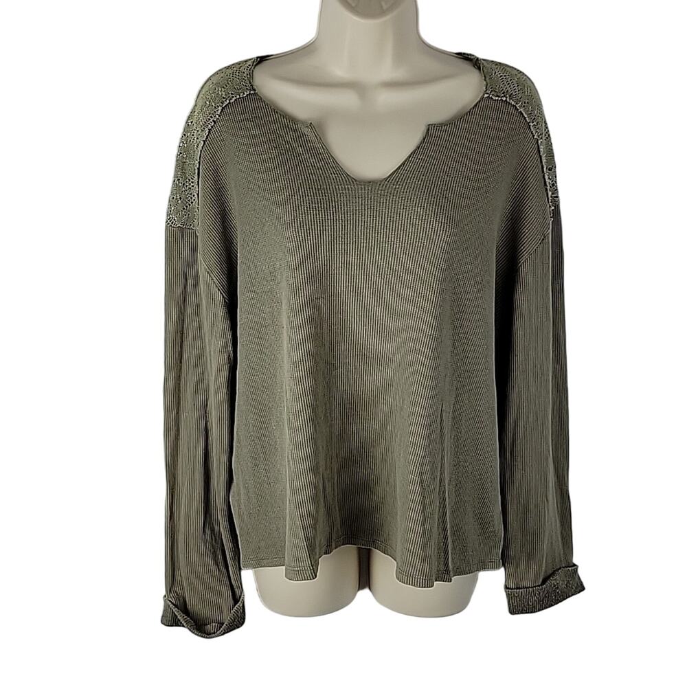 Knox Rose Long Sleeve Waffle Knit Blouse, Olive Green, Sz M, NWT